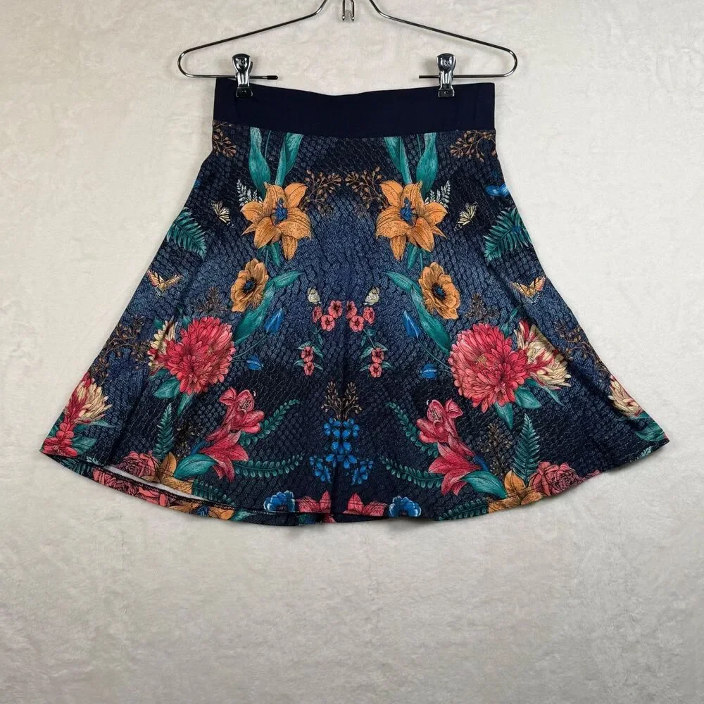 Desigual Skirt S Floral Butterfly Print Fit Flare Pull On Elastic Waist Blue